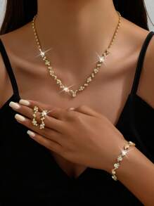 1set Fashionable Full Rhinestone Rose Gold Jewelry Set Including Necklace, Earrings And Bracelet - Rose Gold - View 7