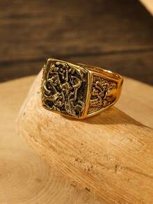 1pc Vintage Carved Square Signet Ring Suitable For Men's Daily Wear - Gold - View 3