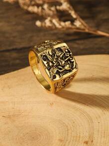 1pc Vintage Carved Square Signet Ring Suitable For Men's Daily Wear - Gold - View 4