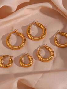 3pairs/set Stainless Steel Women Earrings, Vintage And Minimalist Style, Gold, In Different Sizes