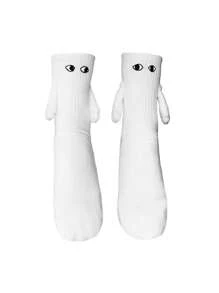 1双/2双白色磁性情侣牵手袜，可爱毛绒娃娃运动袜