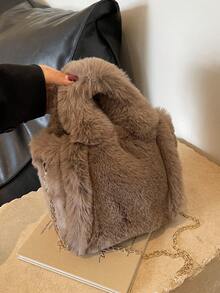 Unique Design Casual Versatile Simple Fashion Plush Chain Shoulder Crossbody Handbag Mini Square Bag - Khaki - View 4