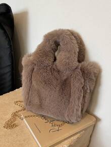 Unique Design Casual Versatile Simple Fashion Plush Chain Shoulder Crossbody Handbag Mini Square Bag - Khaki - View 3