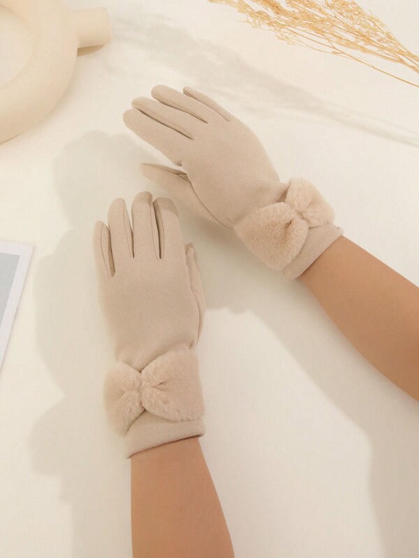 1 Pair Women Beige Bowknot Cute Style Warm Thermal Lined Touchscreen Gloves Suitable For Winter Halloween Valentine's Day Valentines