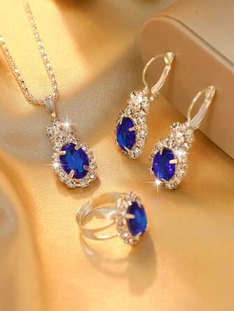 4 Unidades / Conjunto Feminino Lágrima Azul Pedra Preciosa Incrustada Com Strass Completo Anel, Pingente, Brincos, Colar