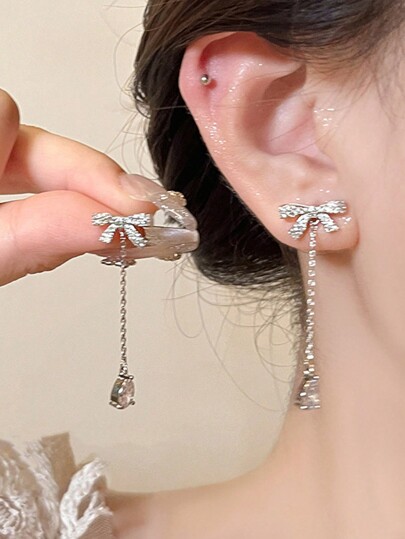 1 Pair Copper Bowknot Design & Tassel Drop Earrings For Women, Suitable For Everyday Wear