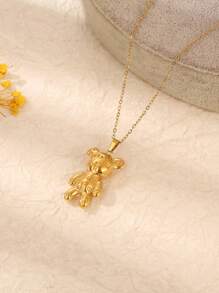 1個時尚熊吊墜不銹鋼項鍊,適合男女日常佩戴 - 金黃色 - 查看 8