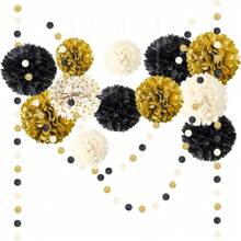 15pcs Black & Gold Party Decorative Paper Balls Set, Suitable For Graduation Party, Wedding, Birthday, Engagement And Other Occasions, Paper Garland Balls Can Be Hung On Ceiling Or Wall As Decor