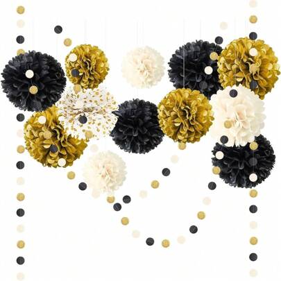 15pcs Black & Gold Party Decorative Paper Balls Set, Suitable For Graduation Party, Wedding, Birthday, Engagement And Other Occasions, Paper Garland Balls Can Be Hung On Ceiling Or Wall As Decor