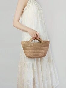 1 件米色吉祥结编织绳小手提包，可爱手提包适合女性、节日和日常使用 - 卡其色 - 查看 3