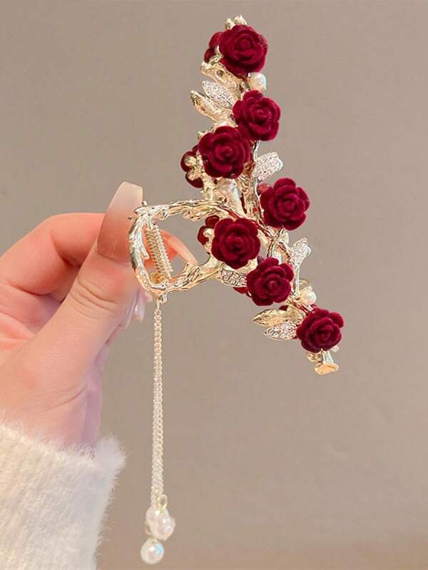 1pc Women's Alloy Rhinestone Tassel Hair Claw Clamp With 14 Roses For Everyday Wear Elegant Valentine's Day Valentines Claw Clips Hair Clips Hair Jaw Clip Hair Clamps Hair Clutch Hair Catcher Clip