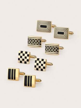 Men's 4-Piece Gold Plaid Cufflinks Set - Premium Copper Alloy Dressy Accessories For Formal Business Banquet