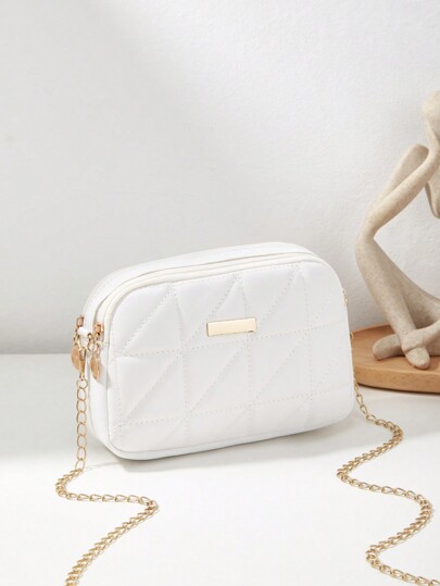 Moderna Borsa A Tracolla Geometrica Per Donna Con Doppia Cerniera E Motivo In Rilievo, Chain E Scomparti Multipli