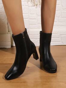 Women's High-heel Fashionable Square Toe Ankle Boots With Chunky Heels - Black - View 3