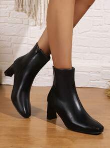 Women's High-heel Fashionable Square Toe Ankle Boots With Chunky Heels - Black - View 4