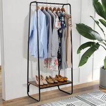 Clothes Rack with Wood Shelf, Freestanding Clothing Rack,Garment Rack, Standing Metal Sturdy Clothing Rack, Black - 棕色 - 查看 1