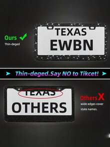 1個黑色閃爍的美國標準車牌框 - 鋼化玻璃水晶鑲嵌金屬超薄不鏽鋼汽車標籤支架,帶有女性和男性的螺絲帽