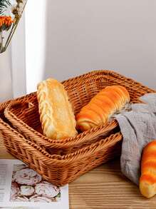 1pc Imitated Rattan Rectangle Bread Basket, Plastic Storage Basket For Travel - Coffee Brown - View 1