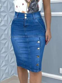 Women Denim Skirts - 中等水洗藍 - 查看 2