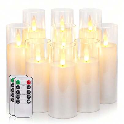 9PCS Flickering Flameless Candles, Pure White, Battery Operated Candles With Remote Control And Timer, Decorative LED Pillar Candle, Fake Electric Candles, Acrylic, Wedding, Christmas Holiday Decoration, Home Decor