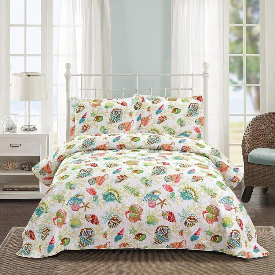 3Pcs Summer Beach Bedspreads Set King Queen Twin Size Lightweight Coastal Ocean Theme Quilts Seashell Conch Coverlet Sets Starfish Seahorse Seaweed Printed Bedding Pillow Shams - 綠黃色 - 查看 1