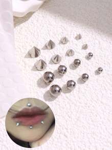1set 16pcs  Stainless Steel Geometric Ball Fake Piercing Stud Set Fake Nose Ring Stud Sticker Pack Fake Eyebrow Lip Piercing Non Piercied Body Jewelry - Silver - View 1