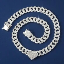 1pc Full Rhinestone Heart Pendant Necklace For Women, Perfect For Date Gift - Silver - View 3