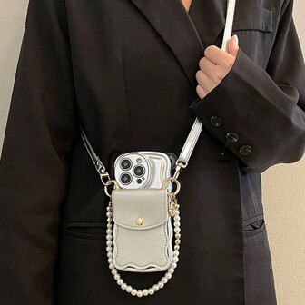 Diy Cell Phone Case With Silver Card Holder And Wave Edge, Handbag Chain, Compatible With Apple Phones