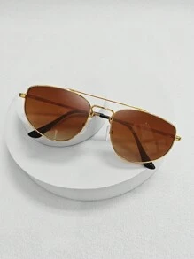 1pc Metal Rim Aviator Style Half Frame Fashion Glasses With Gold Frame, Suitable For Taking Photos - Brown - View 1