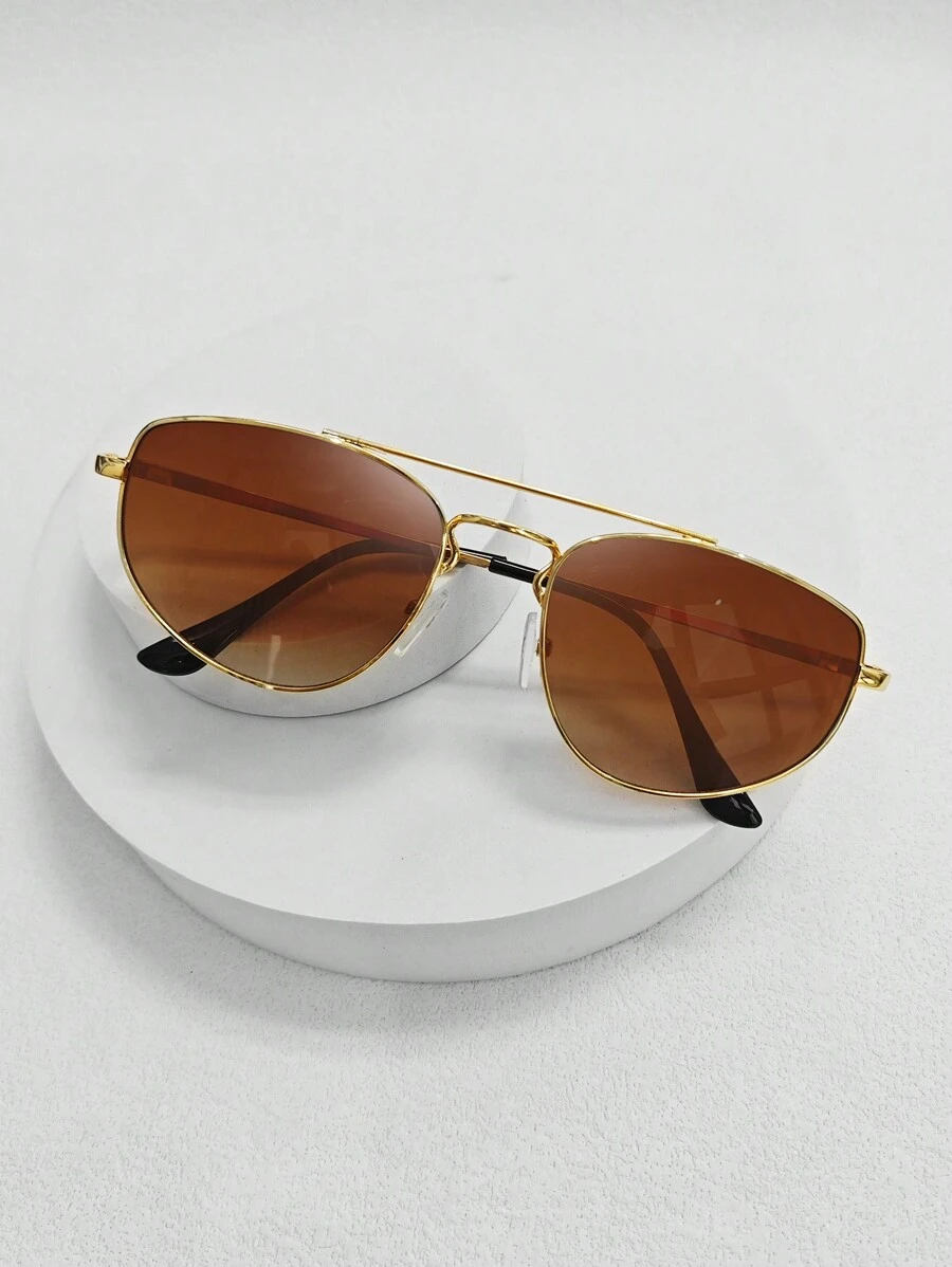 1pc Metal Rim Aviator Style Half Frame Fashion Glasses With Gold Frame, Suitable For Taking Photos - Brown - View 1