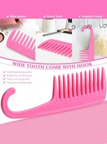 1pc Wide Tooth Curved Hook Comb, Random Color, Plastic Large Tooth Comb With Hook For Big Wavy, Curly Hair And Perm - Multicolor - View 2