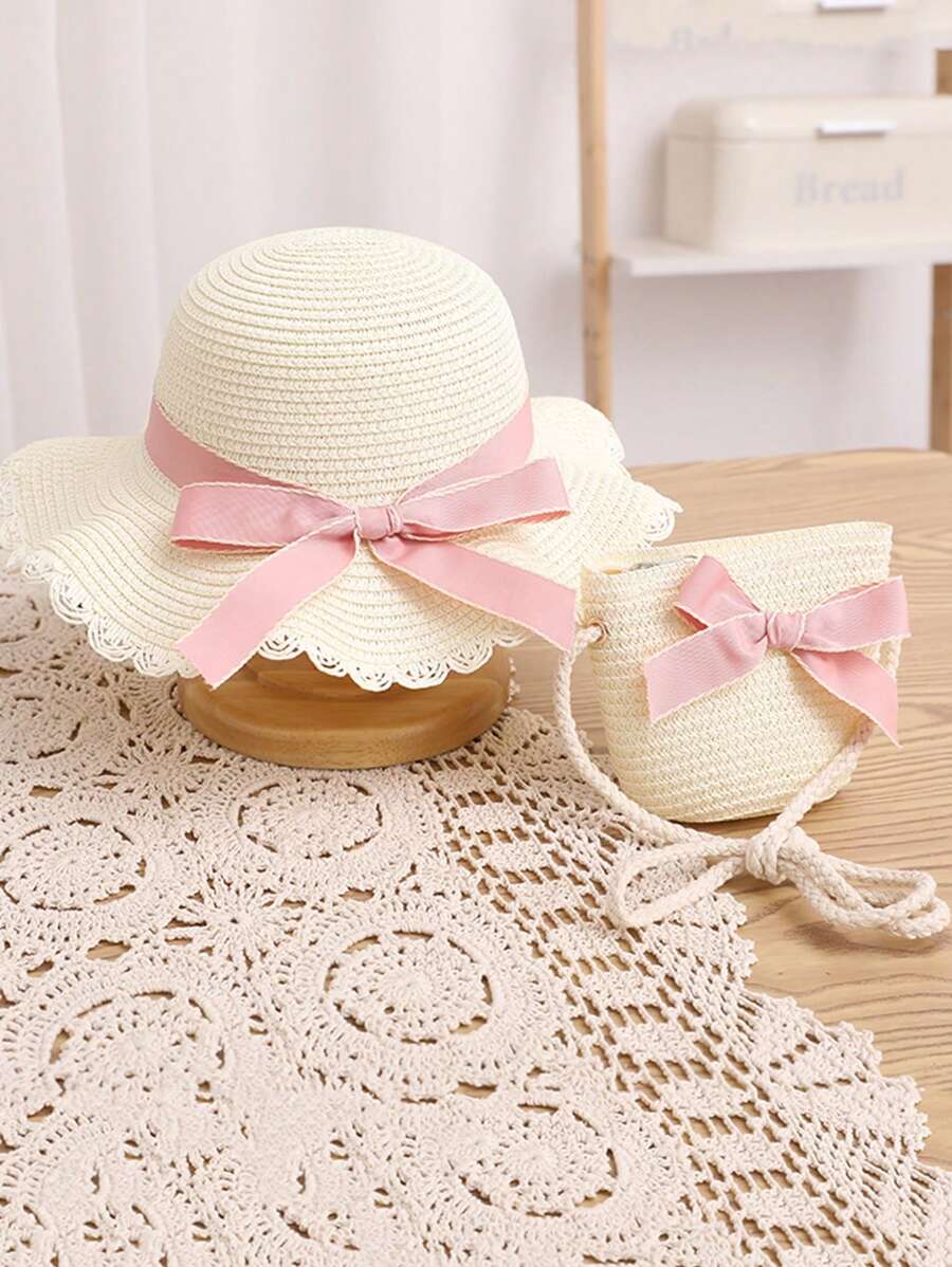 1套小女孩帽子套裝,包括太陽帽、草帽、背包,適用於公主派對和日常穿著 - 白色 - 查看 1