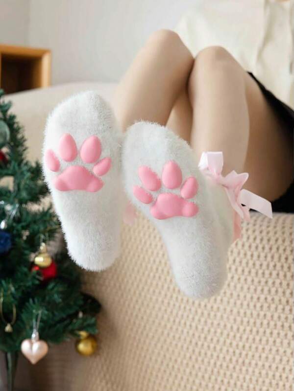 1 paire de chaussettes femme design patte de chat 3D, chaussettes d'équipage Lolita épaisses et chaudes en fausse fourrure de lapin, chaussettes courtes mignonnes avec nœud en peluche pour Halloween, cadeaux de Noël