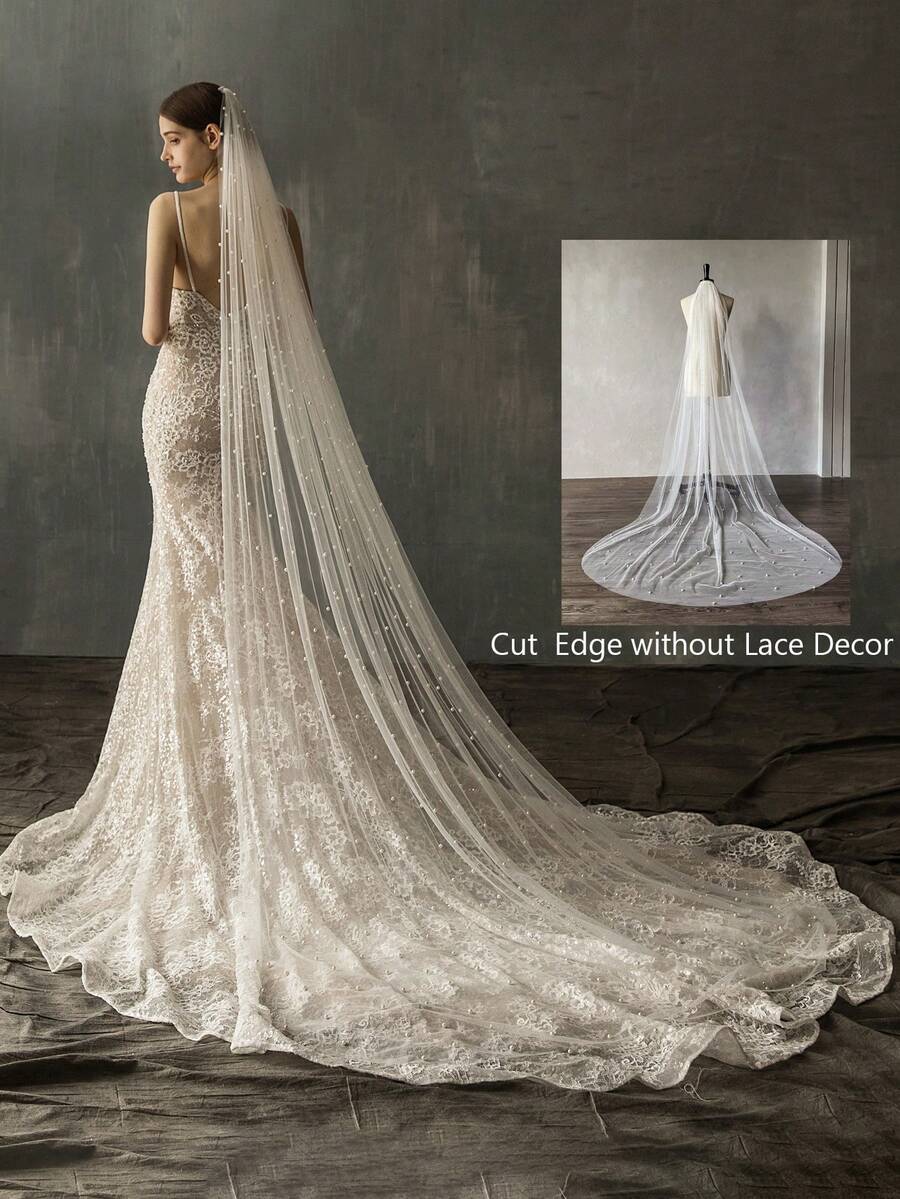 1pc Style 2.3m Long Bridal Veil With Pearl Trailing, Single Layer HandSewn Comb For Wedding