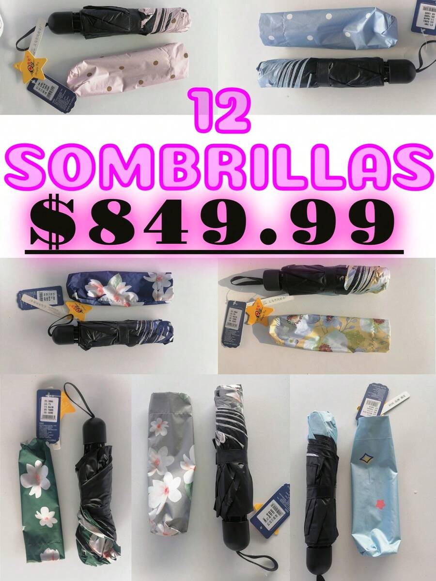 12 Sombrillas De Bolsillo Plegable Diferentes Modelos, Color Al Azar - Multicolor - Ver 1
