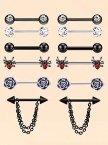 Juego De 6 Pares De Joyería De Piercing De Pezón De Acero Inoxidable Para Mujeres Con Alfileres De Pezón Engastados De Diamantes De Imitación Y Anillos De Pezón En Color Negro - Negro - Ver 1