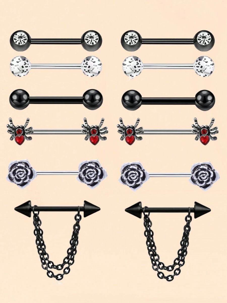 Juego De 6 Pares De Joyería De Piercing De Pezón De Acero Inoxidable Para Mujeres Con Alfileres De Pezón Engastados De Diamantes De Imitación Y Anillos De Pezón En Color Negro - Negro - Ver 1