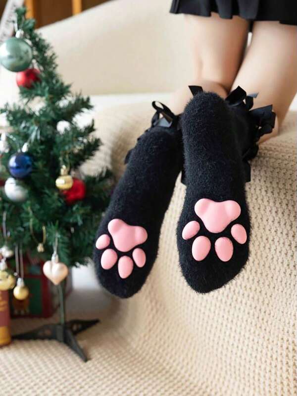 1 paire de chaussettes femme design patte de chat 3D, chaussettes d'équipage Lolita épaisses et chaudes en fausse fourrure de lapin, chaussettes courtes mignonnes avec nœud en peluche pour Halloween, cadeaux de Noël