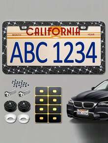 1個黑色閃爍的美國標準車牌框 - 鋼化玻璃水晶鑲嵌金屬超薄不鏽鋼汽車標籤支架,帶有女性和男性的螺絲帽