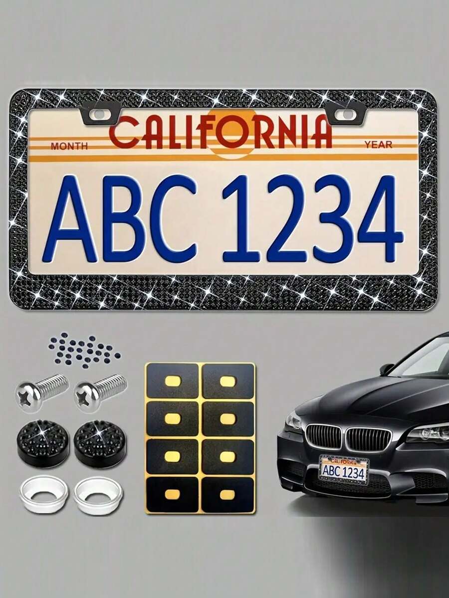 1個黑色閃爍的美國標準車牌框 - 鋼化玻璃水晶鑲嵌金屬超薄不鏽鋼汽車標籤支架,帶有女性和男性的螺絲帽