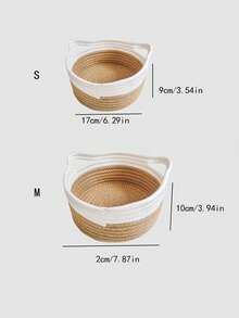 1入組帶貓耳把手的繩編籃子,可用於室內桌面浴室寵物用品收納
