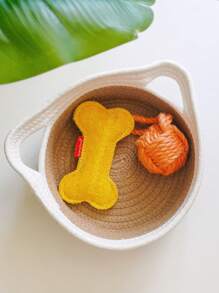 1入組帶貓耳把手的繩編籃子,可用於室內桌面浴室寵物用品收納