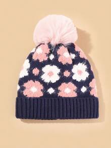 1 件儿童女孩柔软弹力花朵针织帽，带保暖内衬，适合秋冬季 - 彩色 - 查看 5