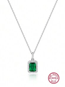 925銀日韓時尚微鑲立方氧化鋯祖母綠項鍊女輕奢高檔優雅鎖骨鏈