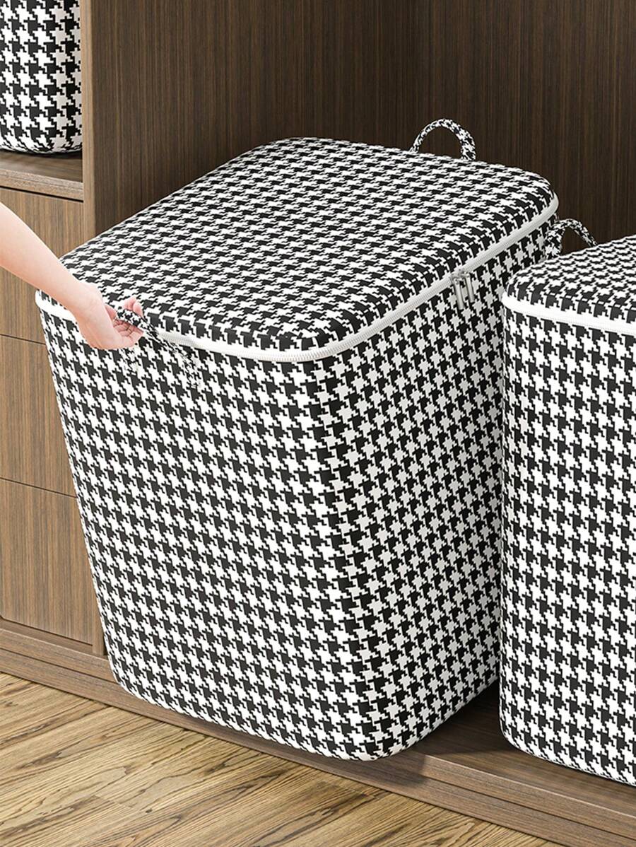 1PC Houndstooth Patterned Zippered Storage Bag, Clothing Storage Bag, Quilt Storage Bag, Toy Storage Box, Luggage Storage Bag, Foldable, Fabric, Suitable For Home Storage And Organization School Organizer Bags Teacher Storage Bags Drawer Wardrobe Organiser Closet Storage Quilted Bag Underbed Organizer Box Divider Clothes Bin Bag Clothes For Home Bedroom