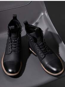 SHOESMALL Men's Fashion Waterproof Motorcycle Black Boots Zipper Casual Boots Chukka PU Leather Black Boots - BMY8038-黑色 - 查看 4
