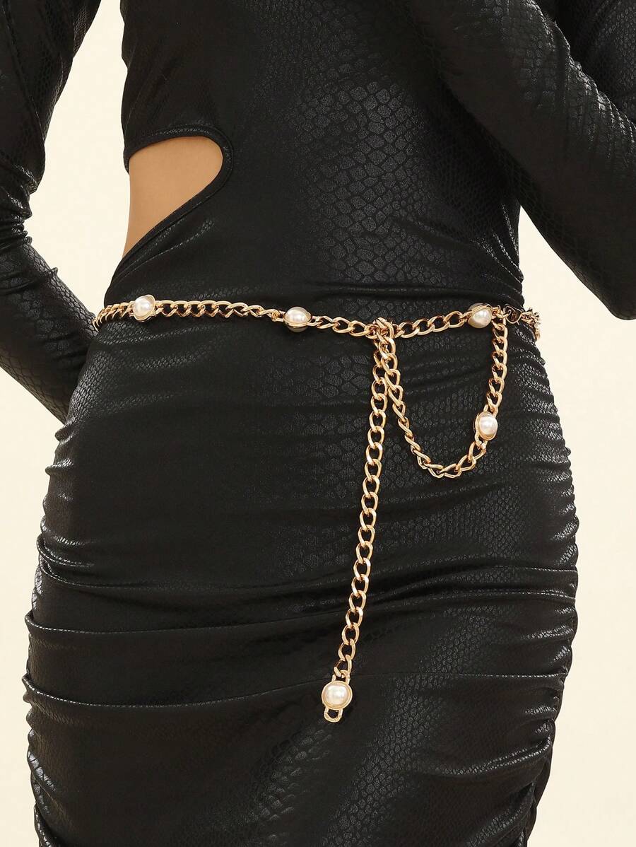 1入組女款珍珠和銀色金屬時尚腰鍊,可調節的連身裙束腰帶,日常穿搭必備 - 金色 - 查看 1