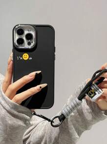 1 pieza Funda de teléfono suave y resistente al golpe con diseño de cámara de metal y botón electrochapado, con patrón de cara sonriente y eslogan + 1 pieza de Cordón de nailon compatible con iPhone