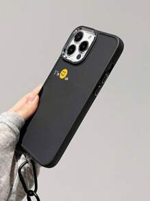1 pieza Funda de teléfono suave y resistente al golpe con diseño de cámara de metal y botón electrochapado, con patrón de cara sonriente y eslogan + 1 pieza de Cordón de nailon compatible con iPhone
