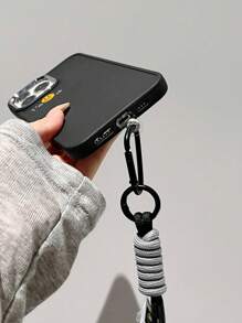 1 pieza Funda de teléfono suave y resistente al golpe con diseño de cámara de metal y botón electrochapado, con patrón de cara sonriente y eslogan + 1 pieza de Cordón de nailon compatible con iPhone